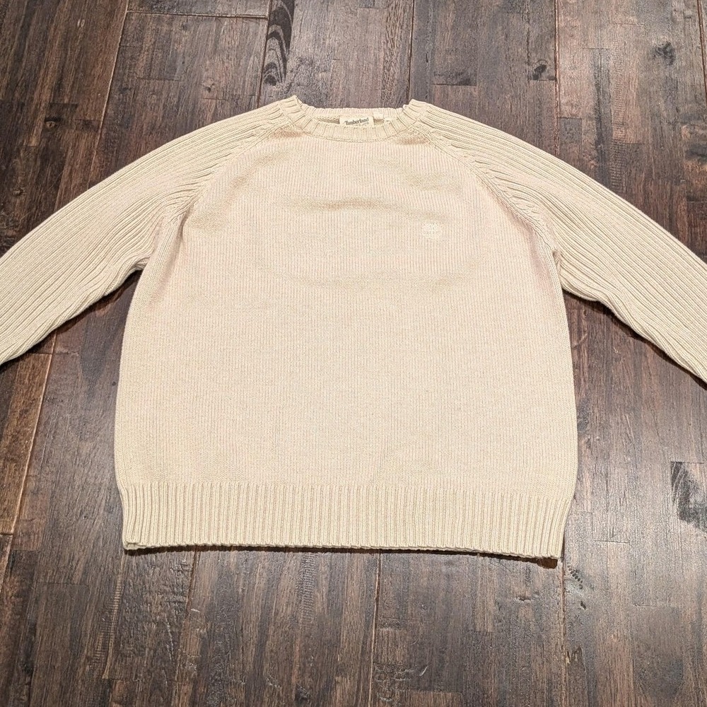Timberland Sweater Mens XL Fits L Beige Cream Cotton Raglan‎ Ribbed Crewneck Y2K